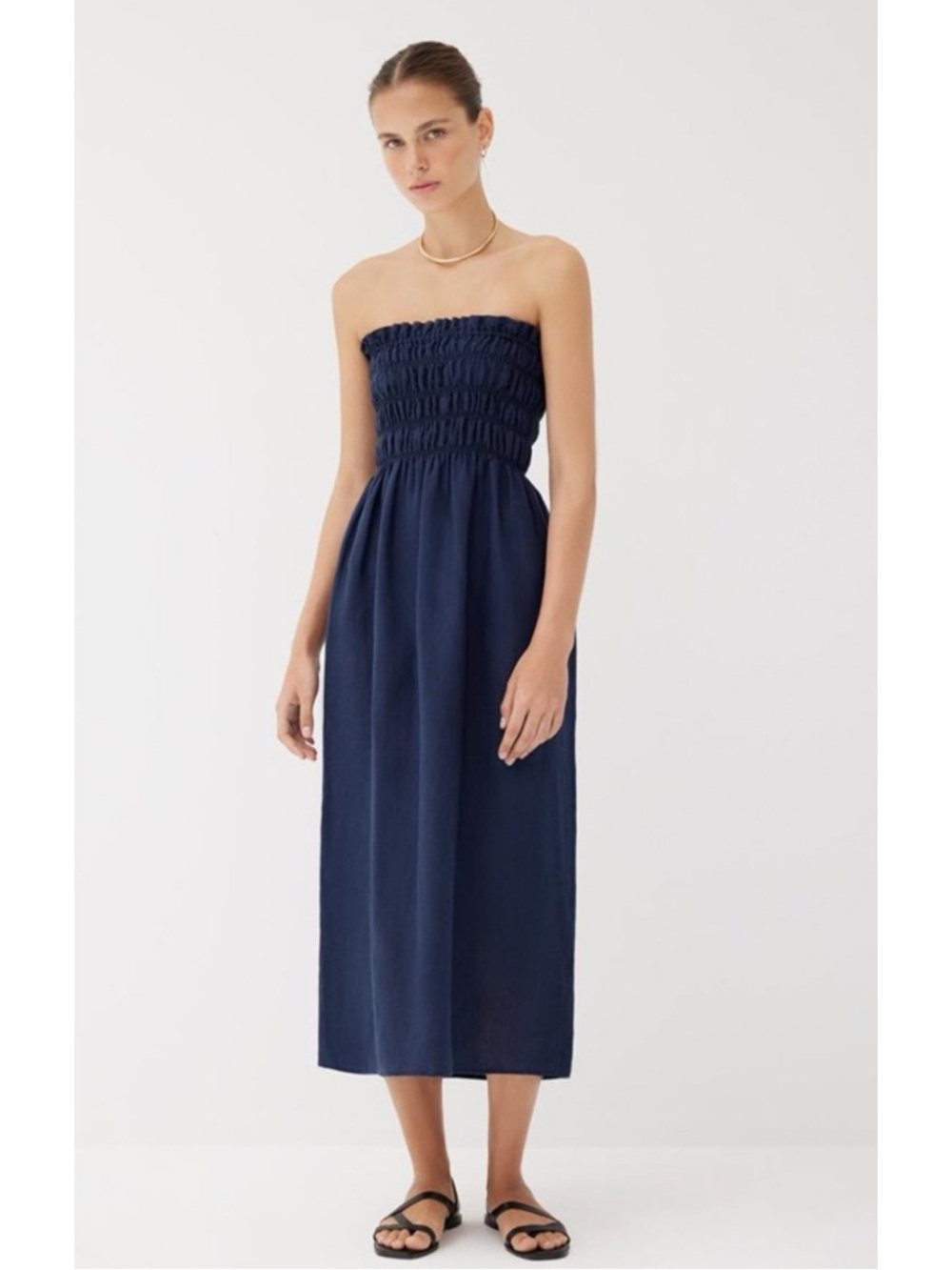 LABECA London Navy Blue Linen Smocked Strapless Midi Dress, S